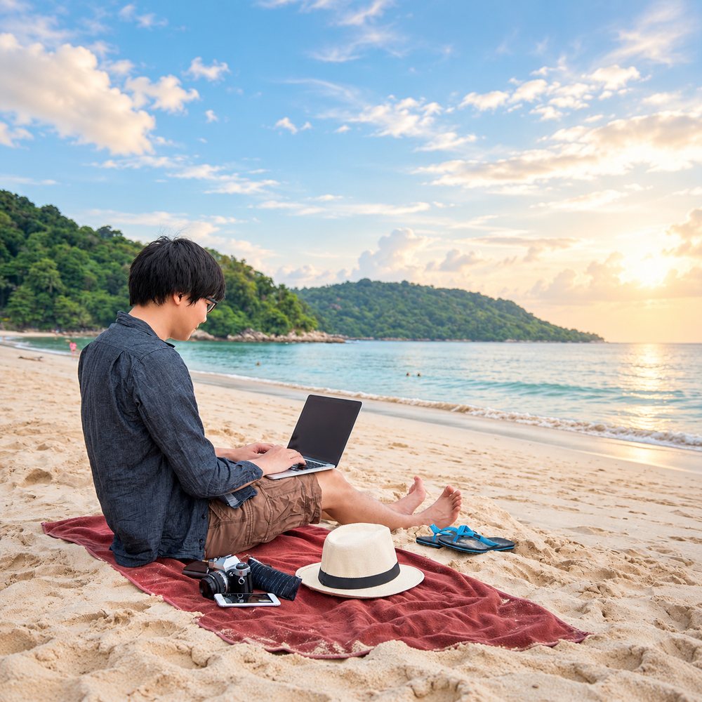 Digital nomad working on a laptop on the beach