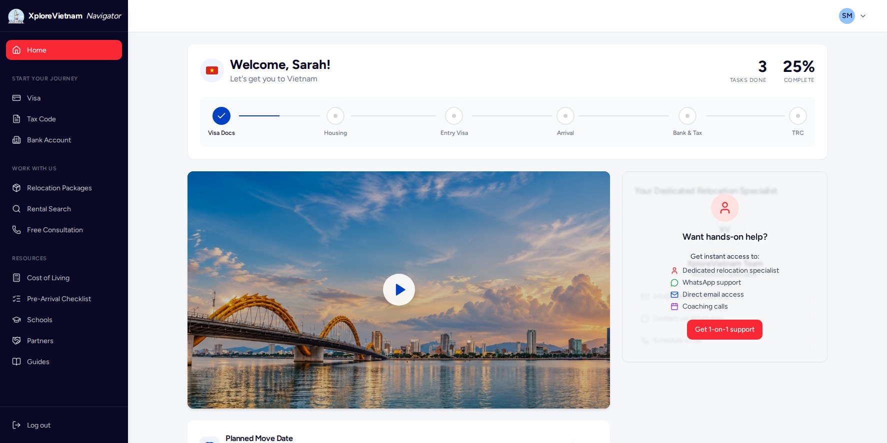 XploreVietnam Navigator dashboard with your relocation timeline, welcome video and move date tracker
