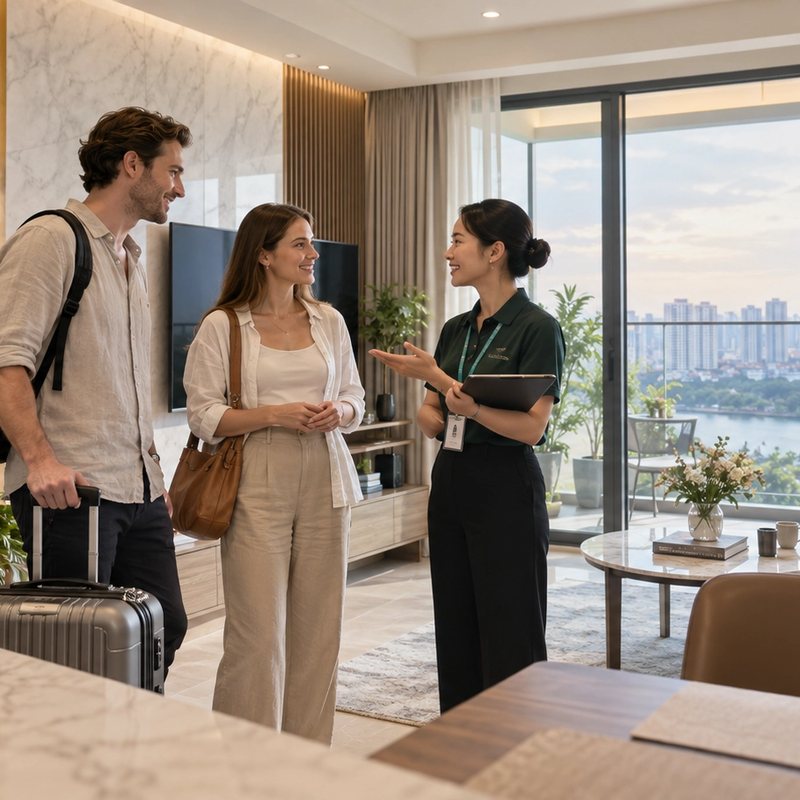 Relocation specialist showing a couple around their new apartment